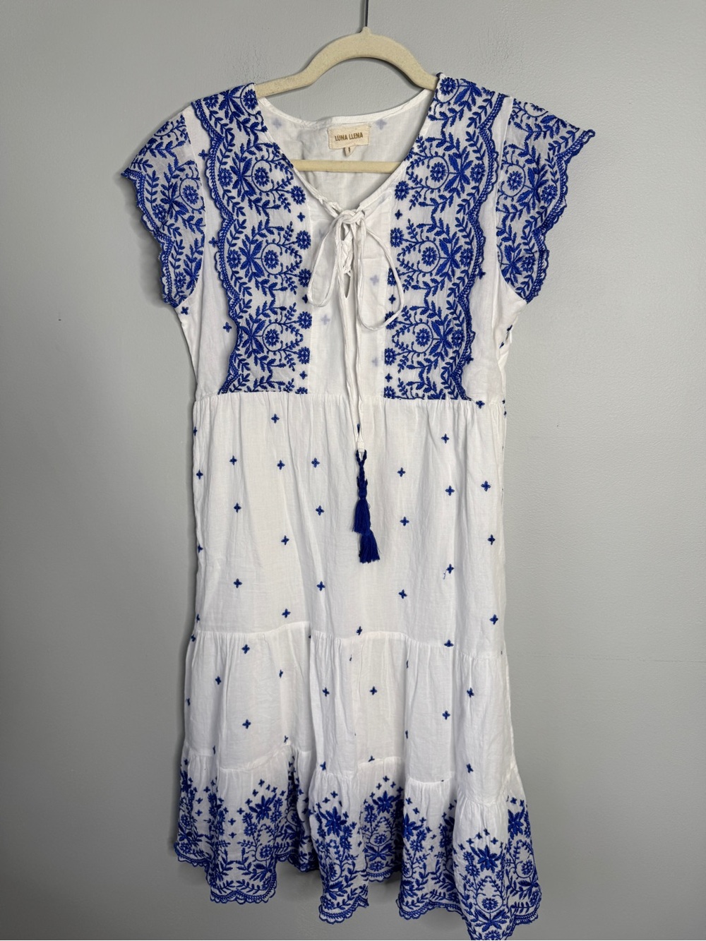 White Mini Dress with Blue Embroidered Details